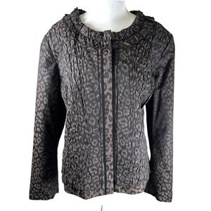 Tahari Woman Statement Jacket Size 18 Brown Leopard Print Ruffle Collar Textured